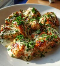 creamy garlic sauce with grilled chicken bites