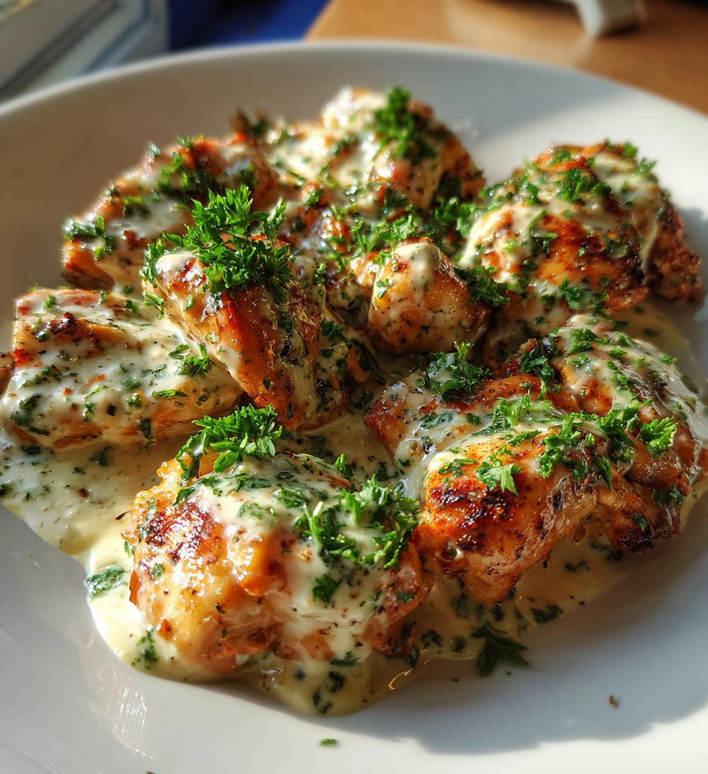 creamy garlic sauce with grilled chicken bites