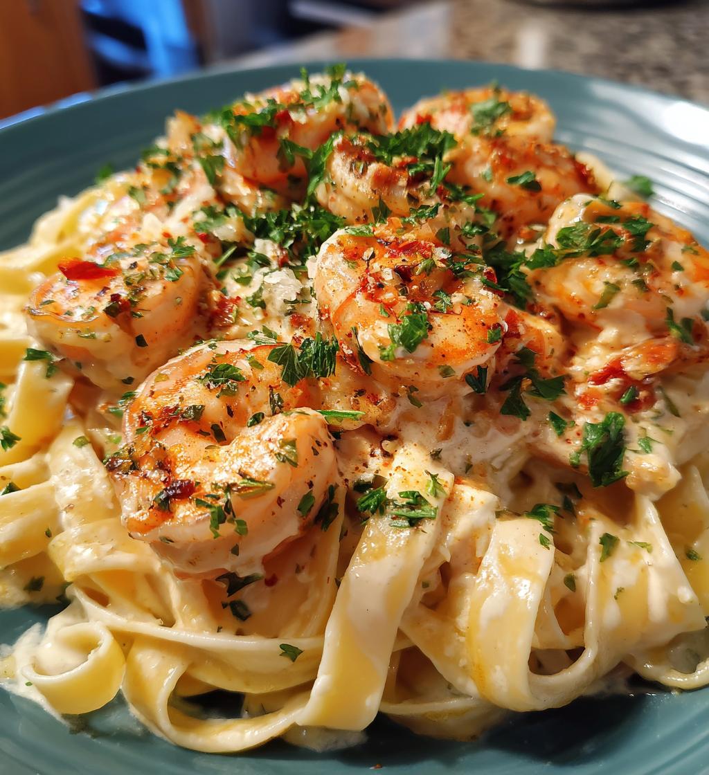 creamy garlic shrimp pasta - detail 1