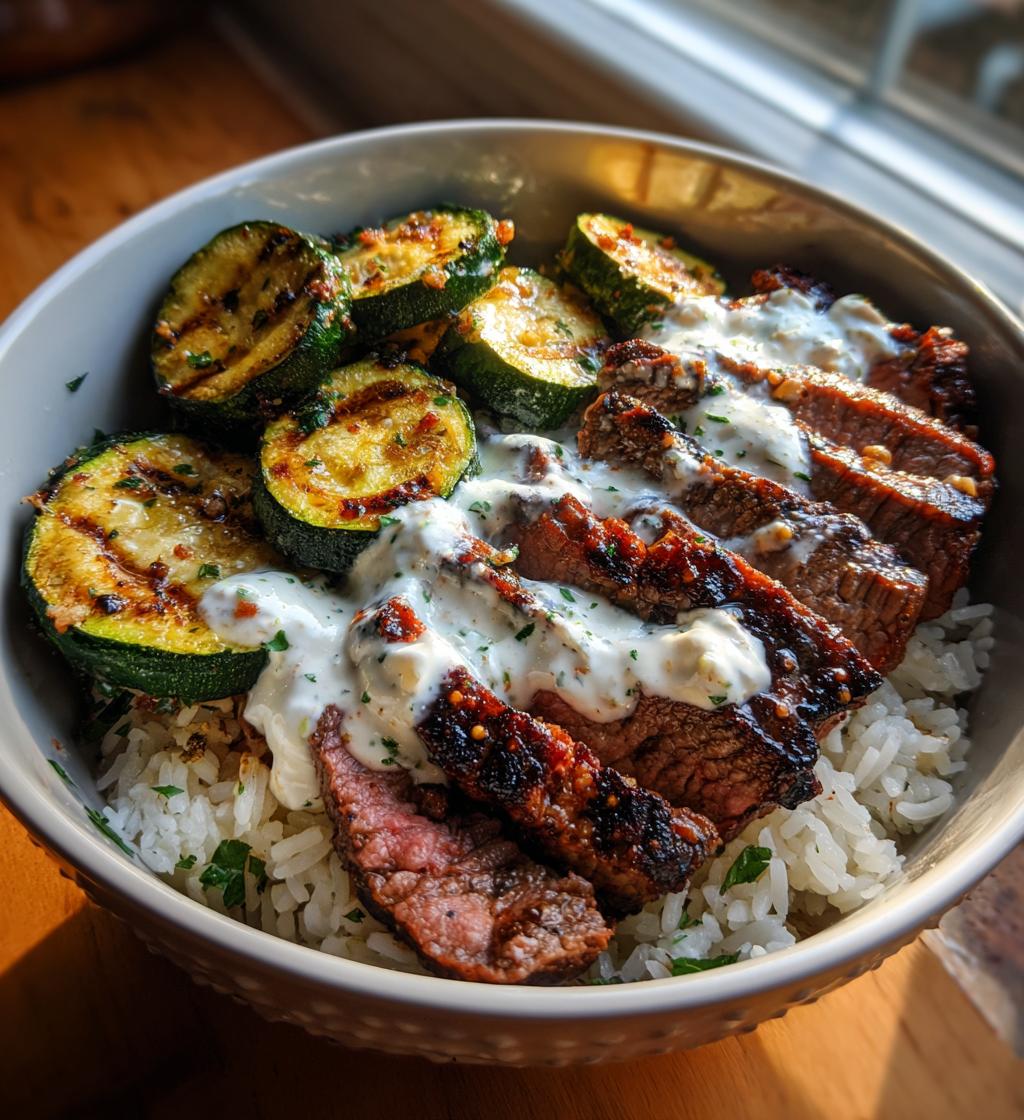 creamy grilled steak bowl recipe with zucchini - detail 1