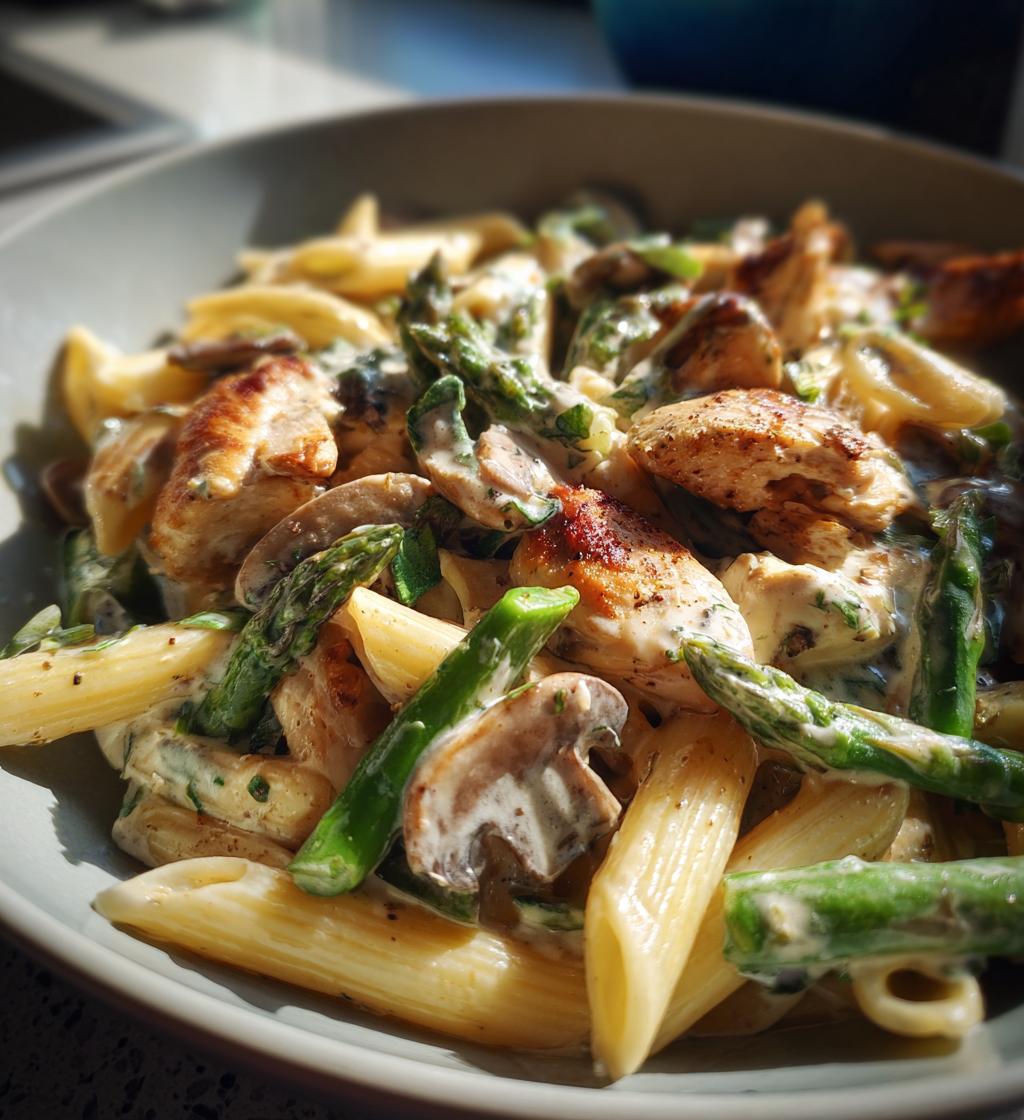 creamy mushroom and asparagus chicken penne - detail 1