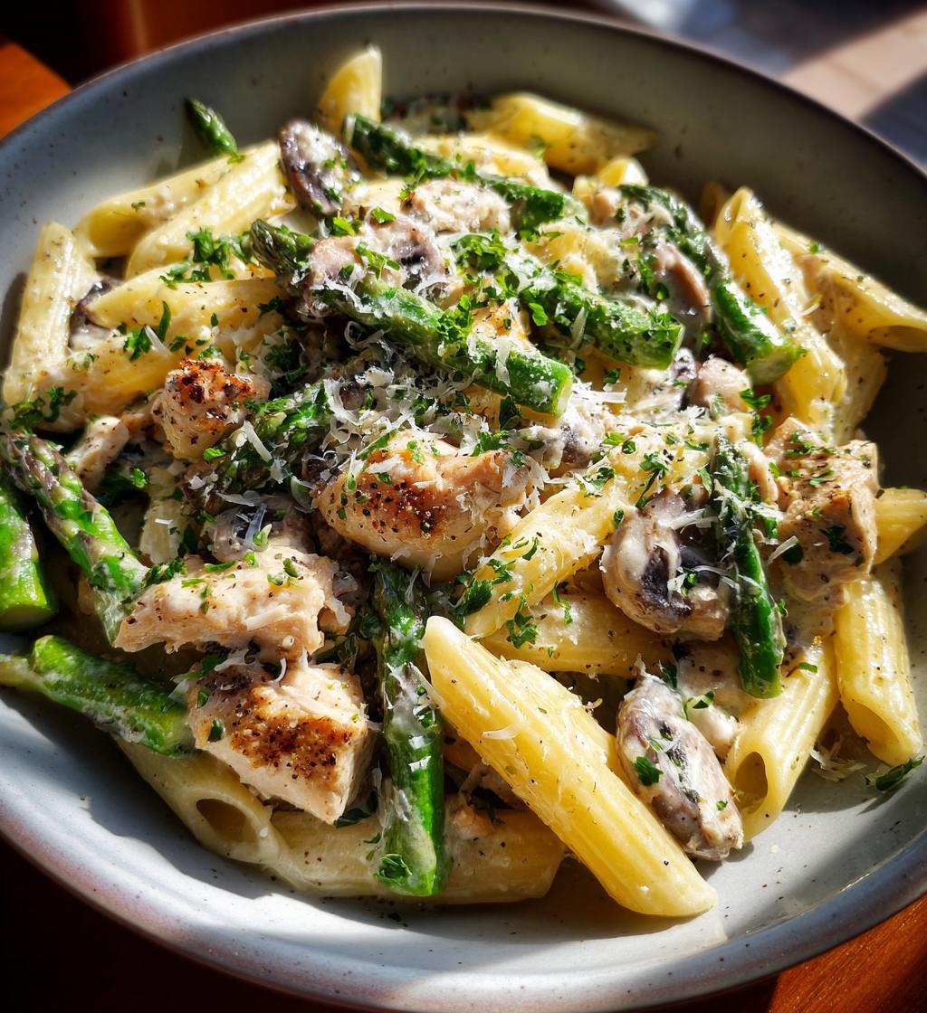 creamy mushroom and asparagus chicken penne - detail 1