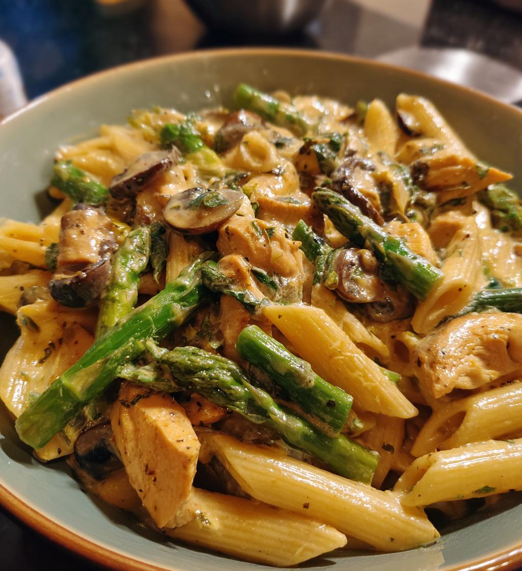 creamy mushroom and asparagus chicken penne