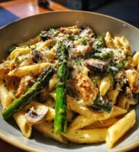 creamy mushroom and asparagus chicken penne