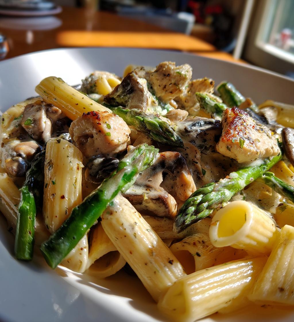creamy mushroom asparagus chicken penne - detail 1