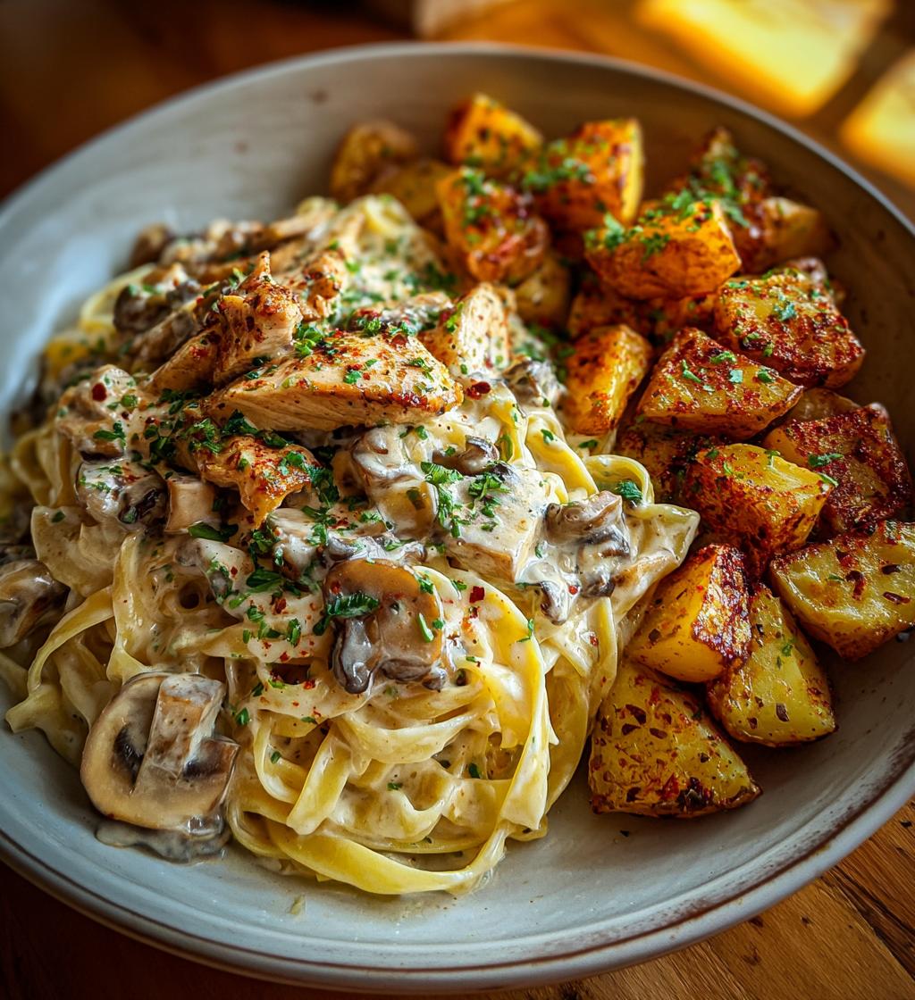 creamy mushroom chicken alfredo recipe with hot honey roasted potatoes - detail 1