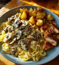 creamy mushroom chicken alfredo recipe with hot honey roasted potatoes