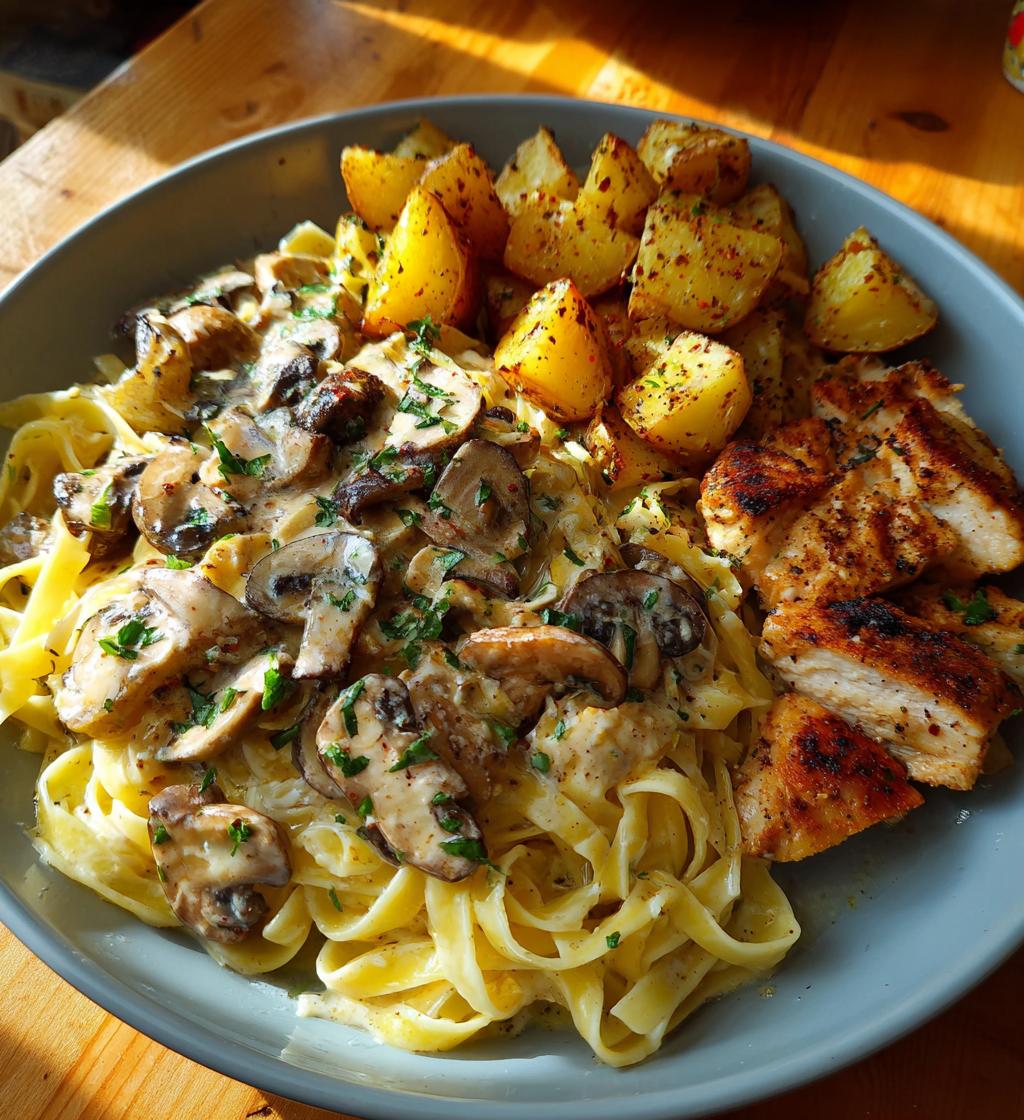 creamy mushroom chicken alfredo recipe with hot honey roasted potatoes