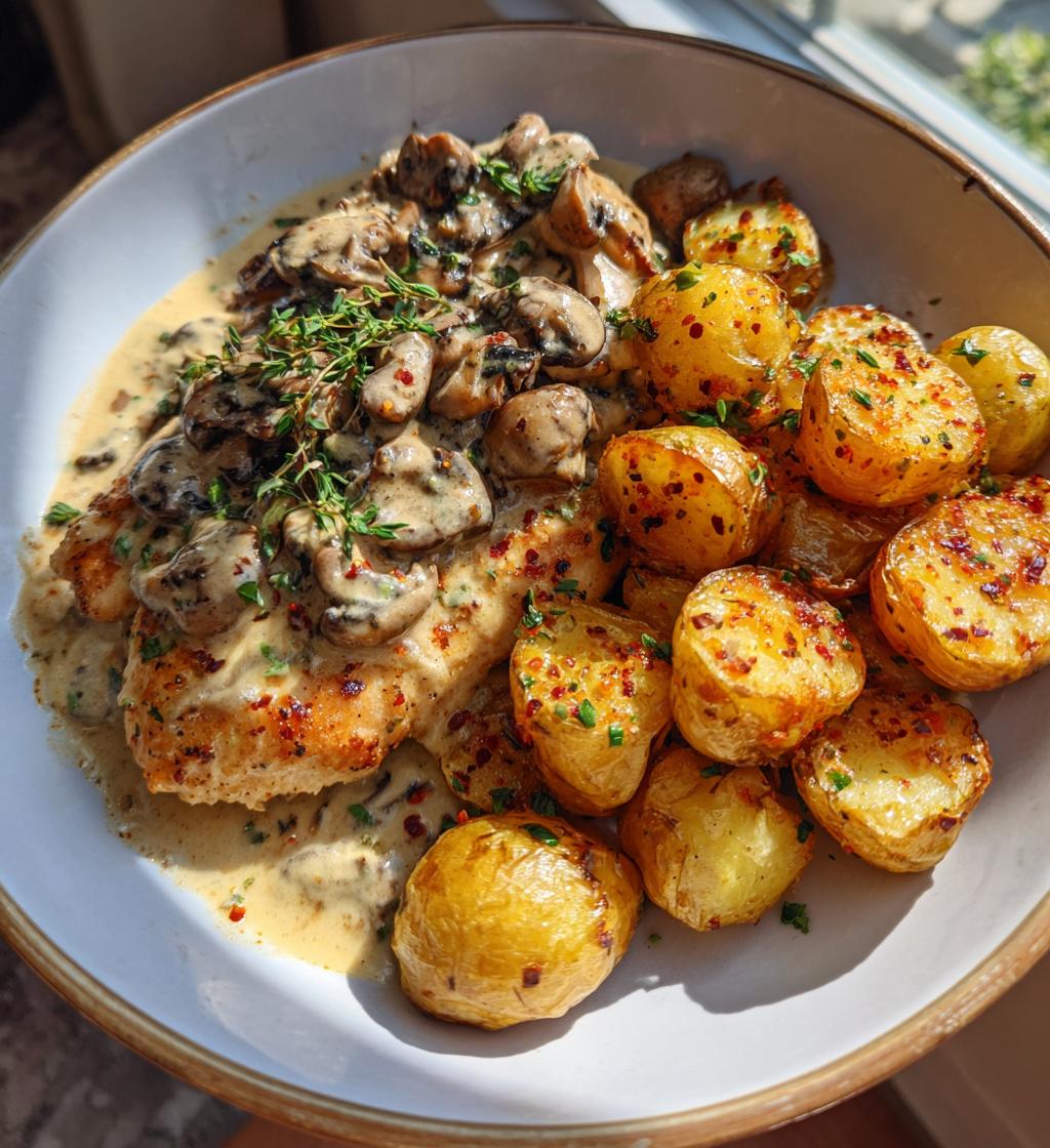 creamy mushroom garlic chicken alfredo hot honey roasted potatoes - detail 1