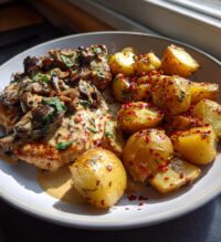 creamy mushroom garlic chicken alfredo hot honey roasted potatoes
