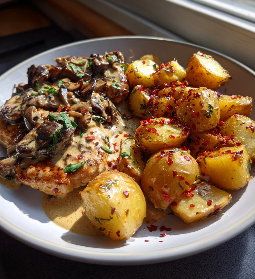creamy mushroom garlic chicken alfredo hot honey roasted potatoes