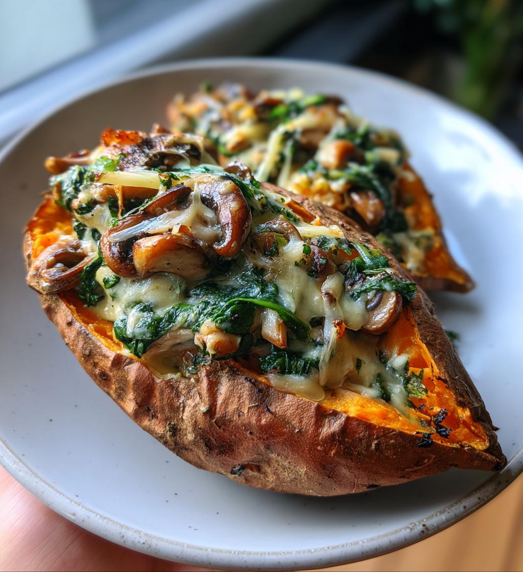 creamy mushroom spinach stuffed sweet potatoes