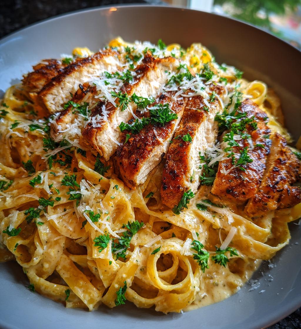 creamy parmesan pasta with sauteed garlic butter chicken - detail 1