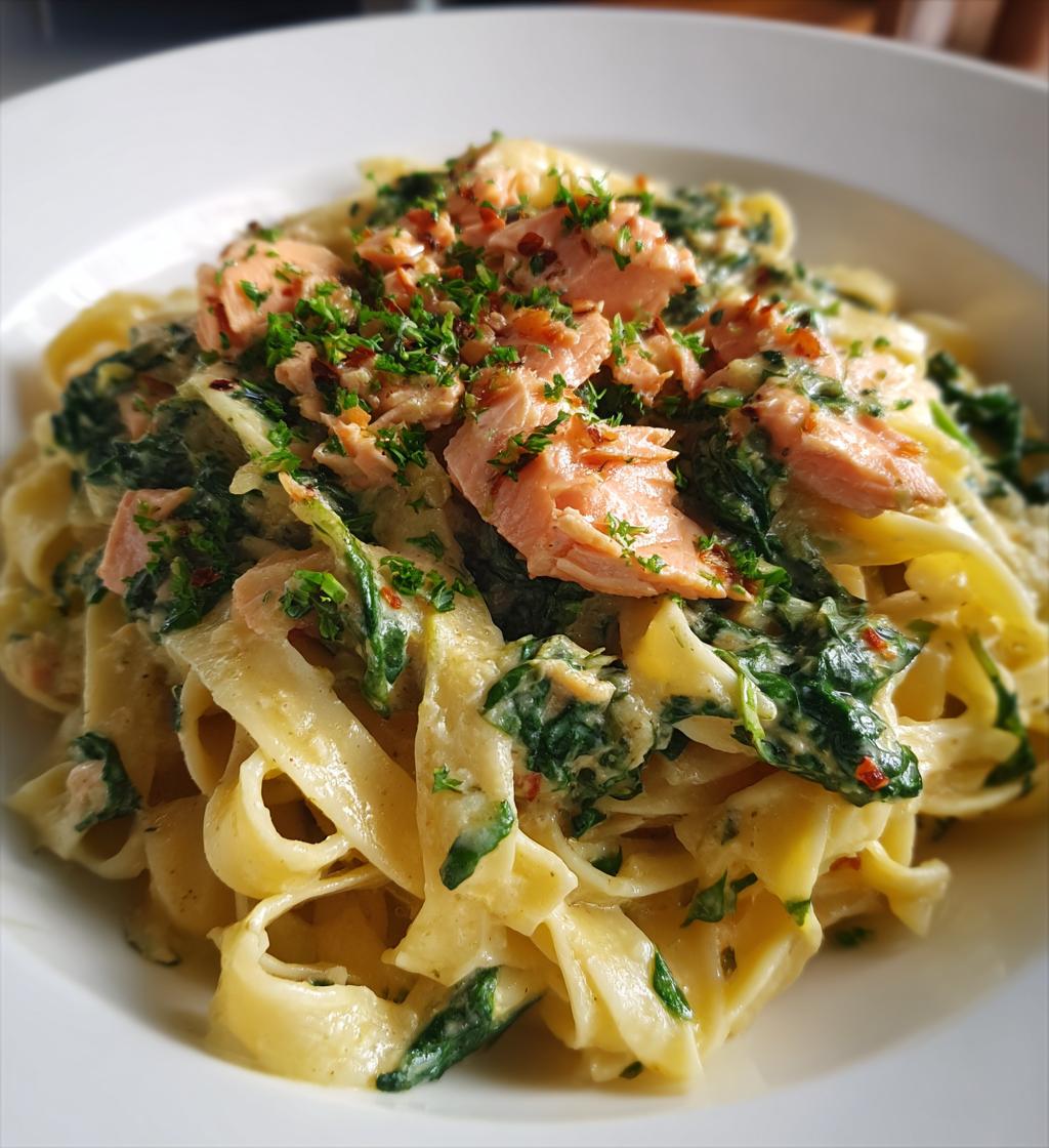 creamy salmon and spinach pasta - detail 1