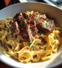 creamy spicy garlic butter steak and pasta recipe