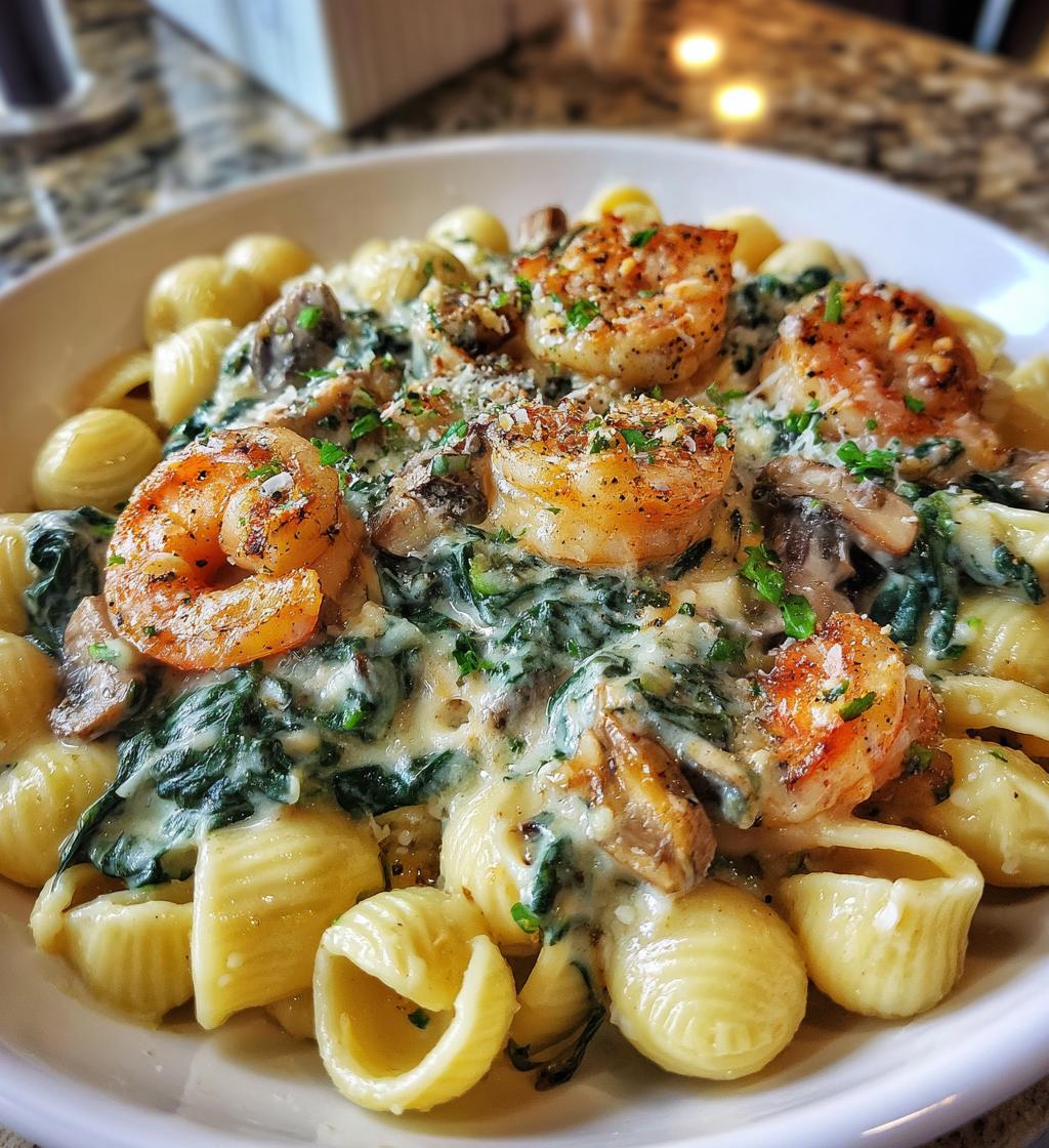 creamy spinach mushroom shrimp shells - detail 1
