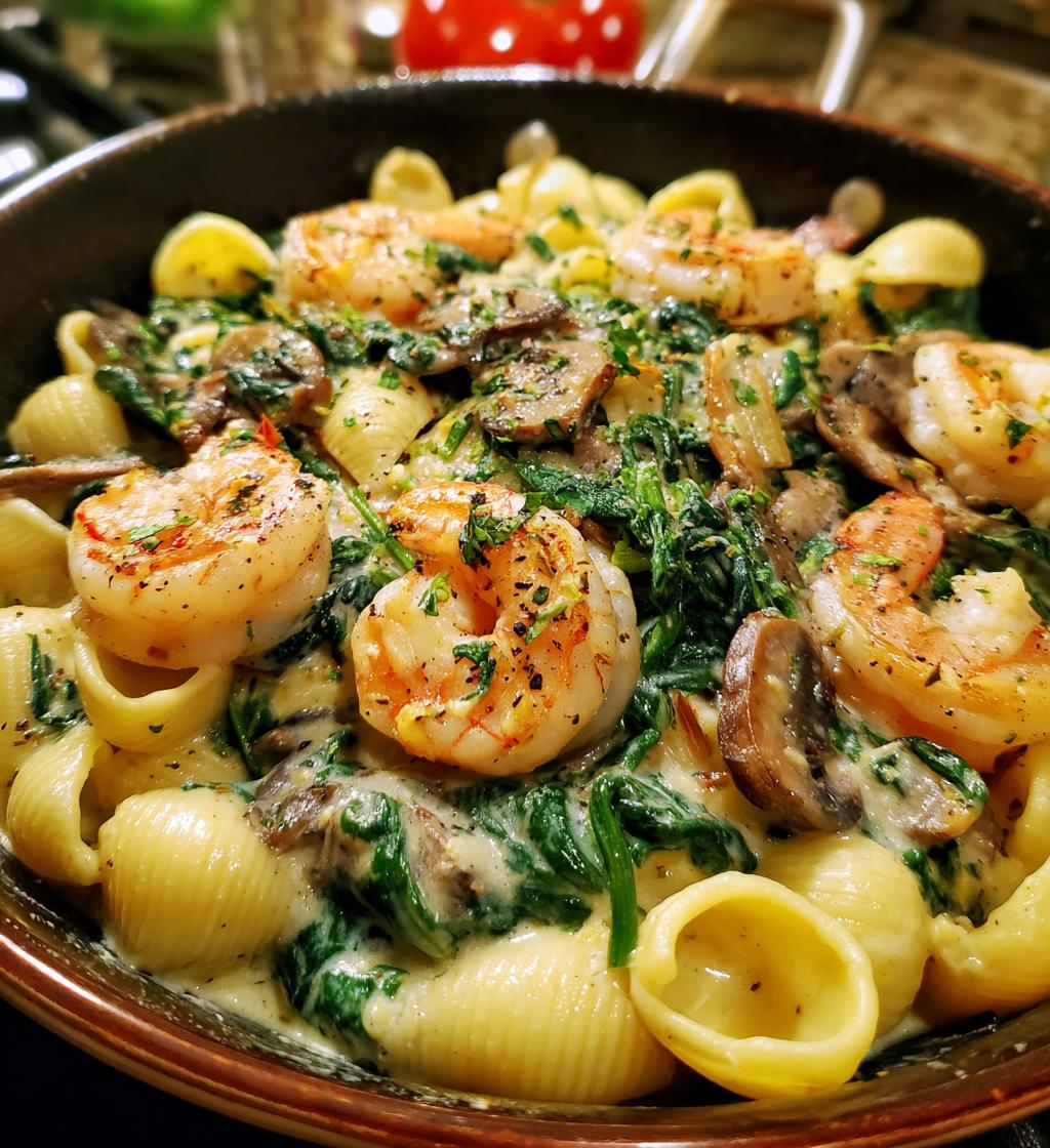 creamy spinach mushroom shrimp shells