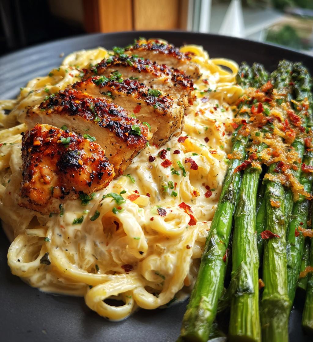 delicious greek chili chicken alfredo with smoked feta cream crispy parmesan asparagus - detail 1