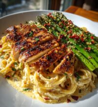 delicious greek chili chicken alfredo with smoked feta cream crispy parmesan asparagus