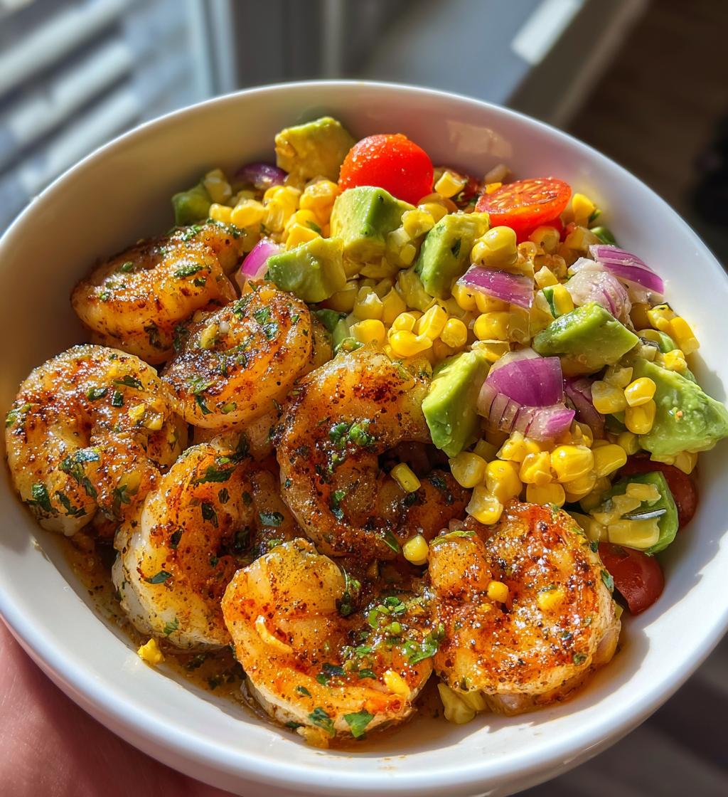 easy grilled shrimp bowl recipe with avocado corn salsa - detail 1