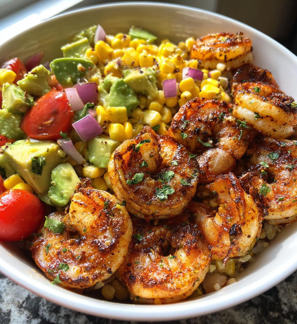 easy grilled shrimp bowl recipe with avocado corn salsa