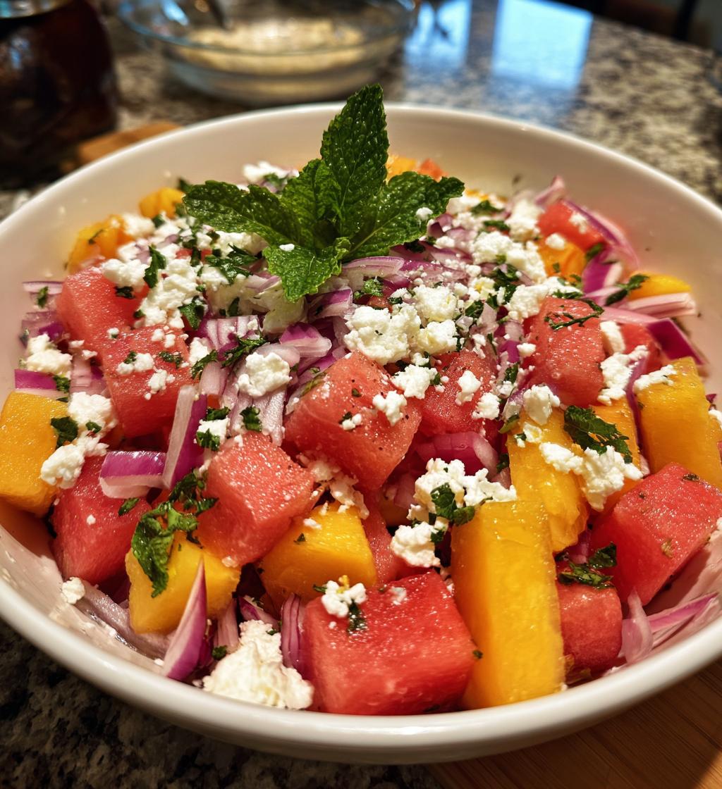 easy summer peach watermelon salad - detail 1