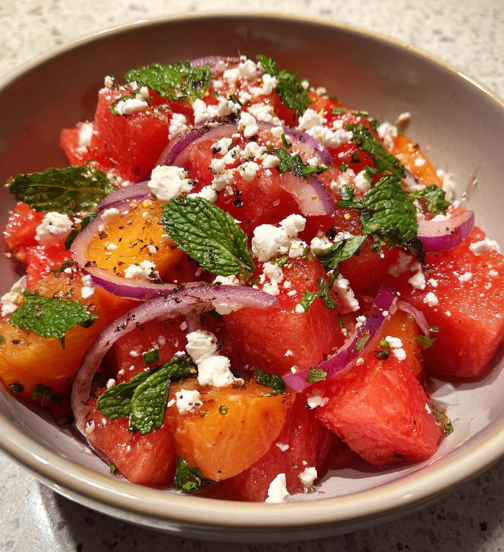 easy summer peach watermelon salad - detail 1