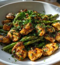 garlic butter chicken bites and asparagus