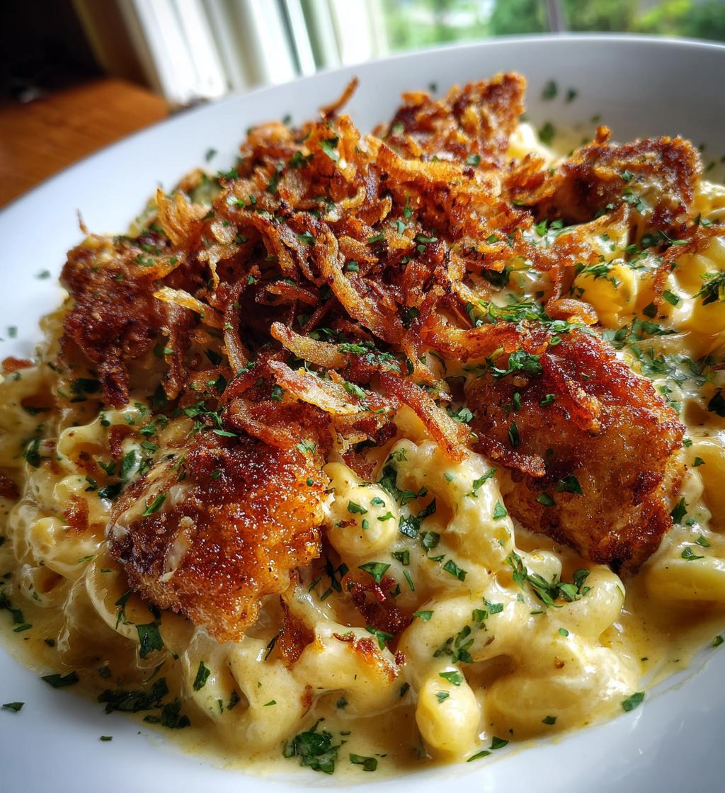 garlic butter chicken bites cajun alfredo mac with crispy onion topping - detail 1