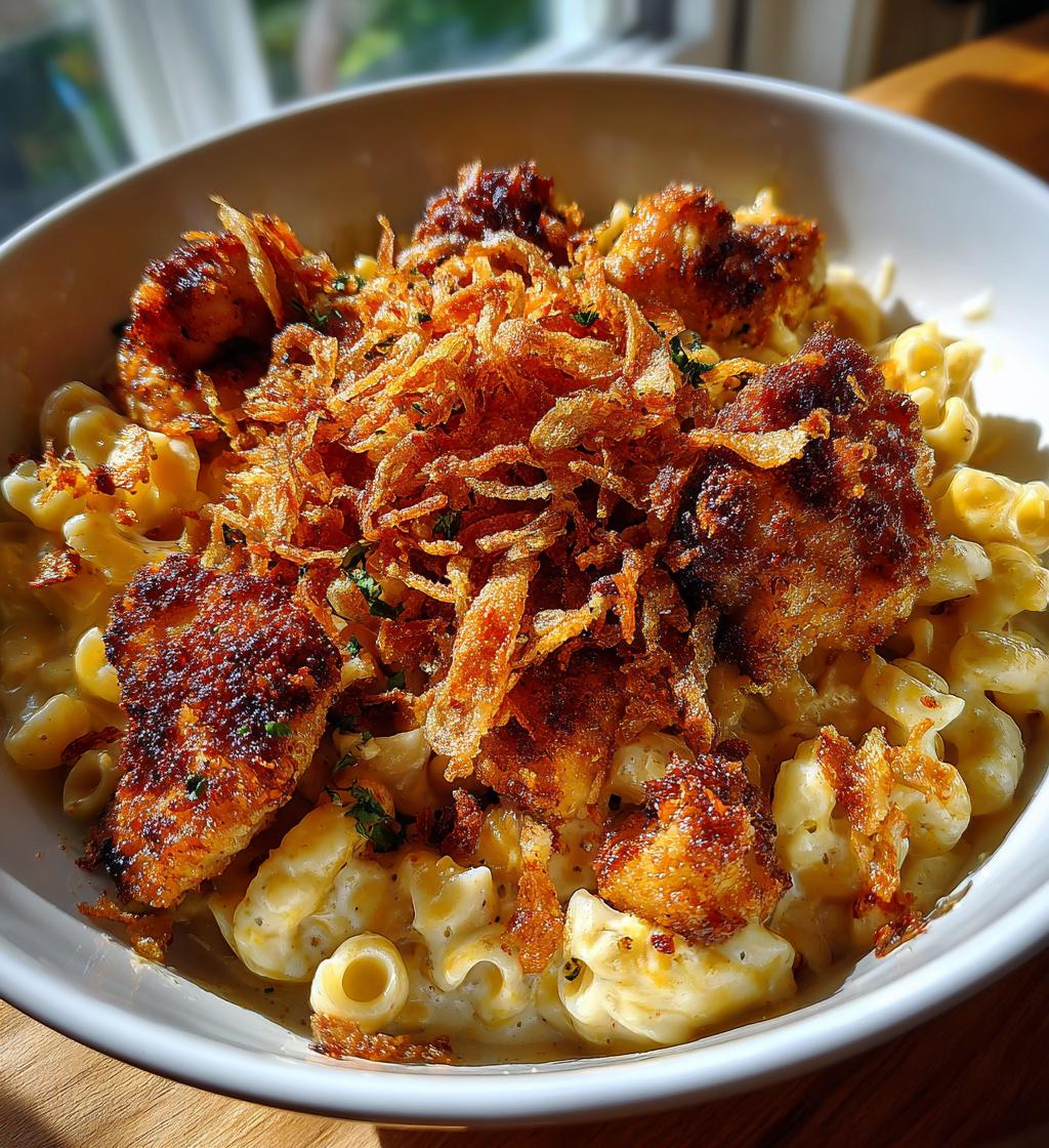 garlic butter chicken bites cajun alfredo mac with crispy onion topping
