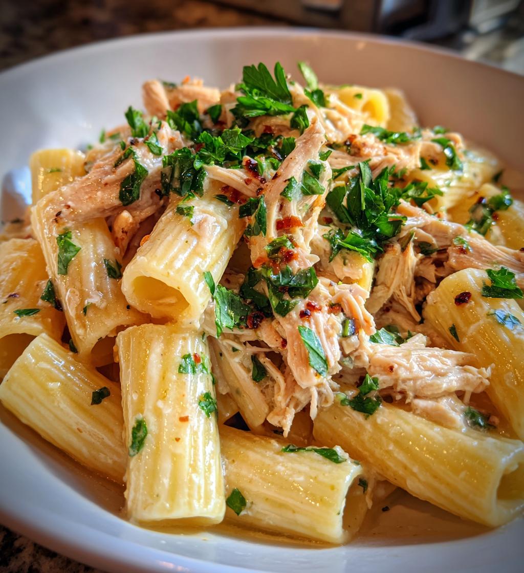 garlic butter chicken rigatoni in creamy parmesan sauce - detail 1
