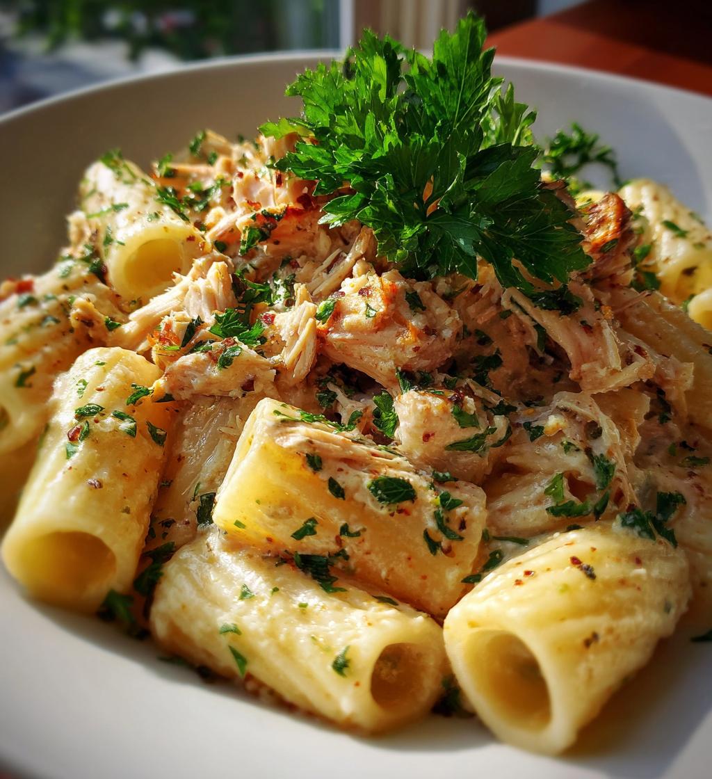 garlic butter chicken rigatoni in creamy parmesan sauce