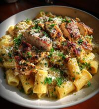 garlic butter chicken with rigatoni and parmesan