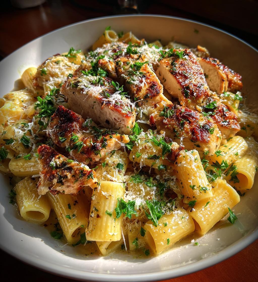 garlic butter chicken with rigatoni and parmesan