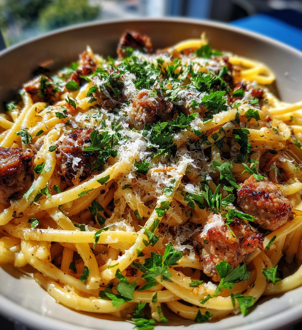 garlic butter sausage pasta - detail 1