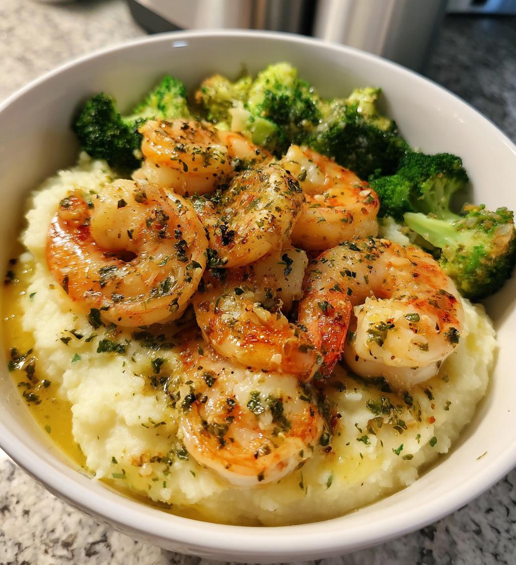 garlic butter shrimp veggie mash bowl