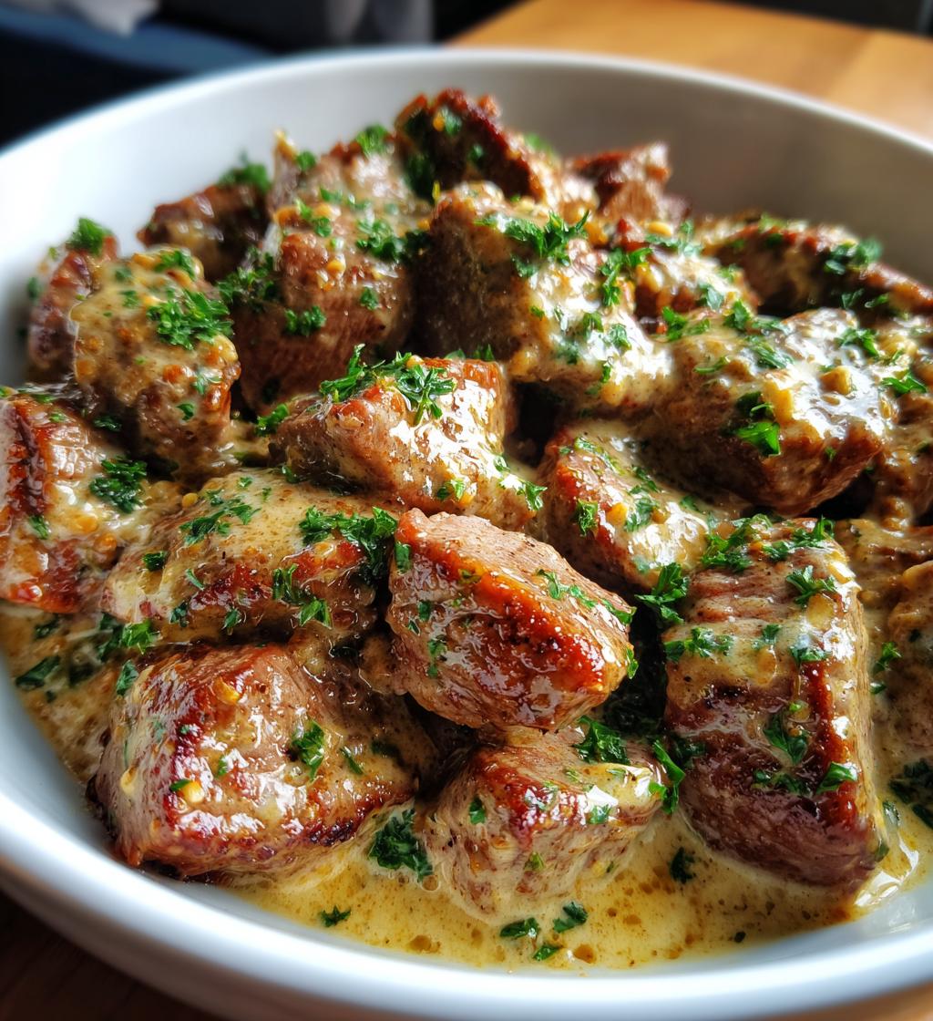garlic butter steak bites with parmesan cream sauce - detail 1