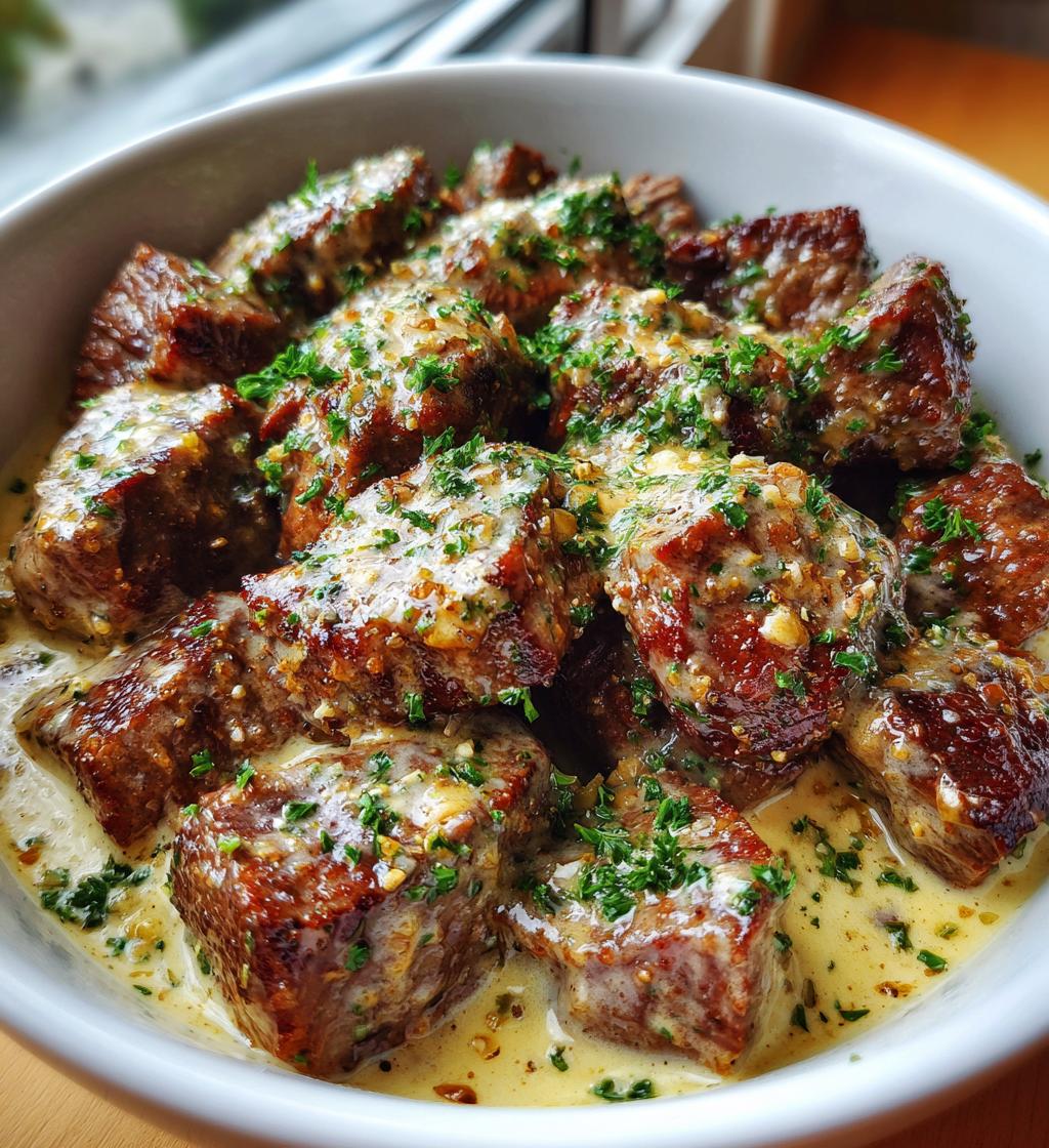 garlic butter steak bites with parmesan cream sauce