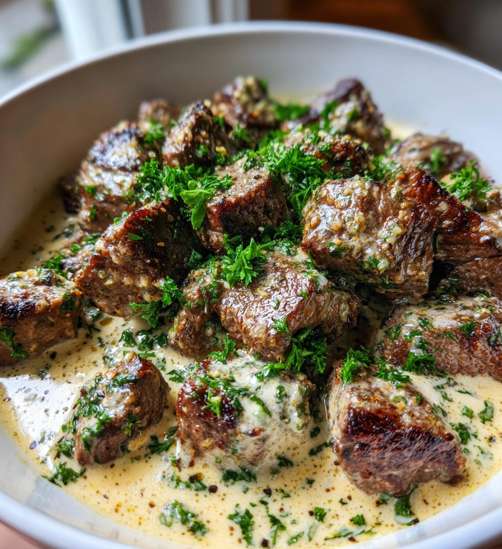 garlic butter steak bites with parmesan cream sauce