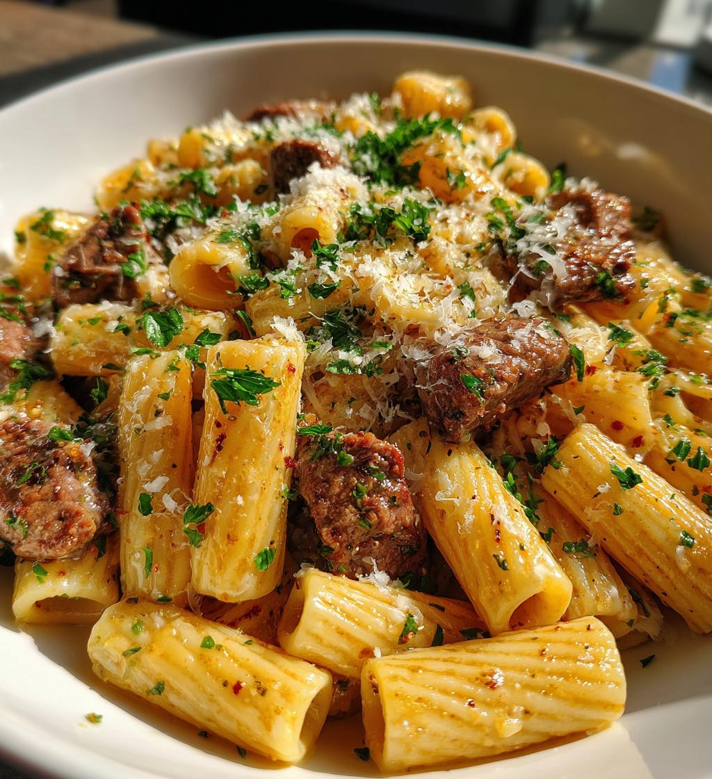 garlic butter steak parmesan rigatoni