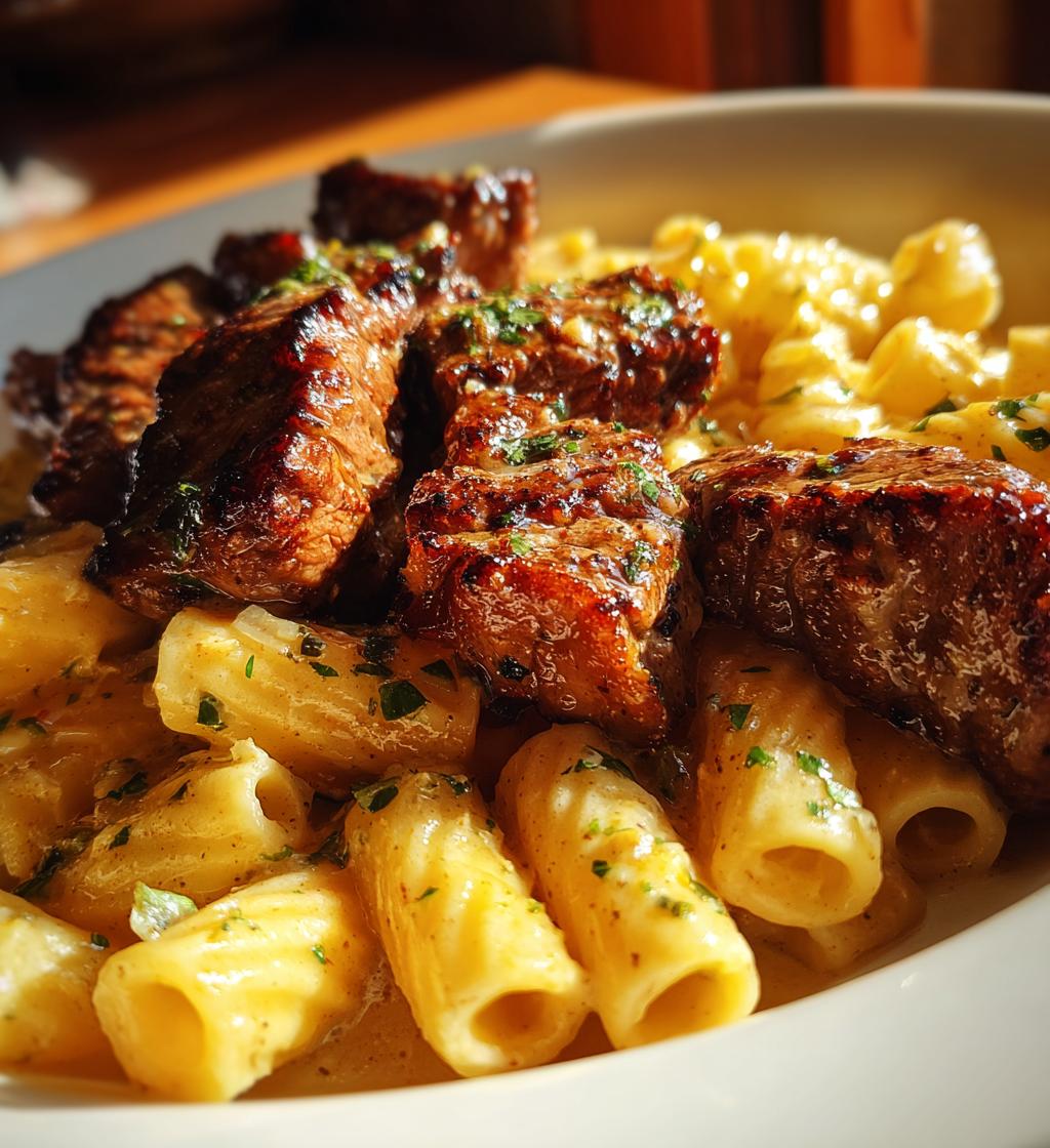 garlic butter steak tips with cheesy rigatoni - detail 1