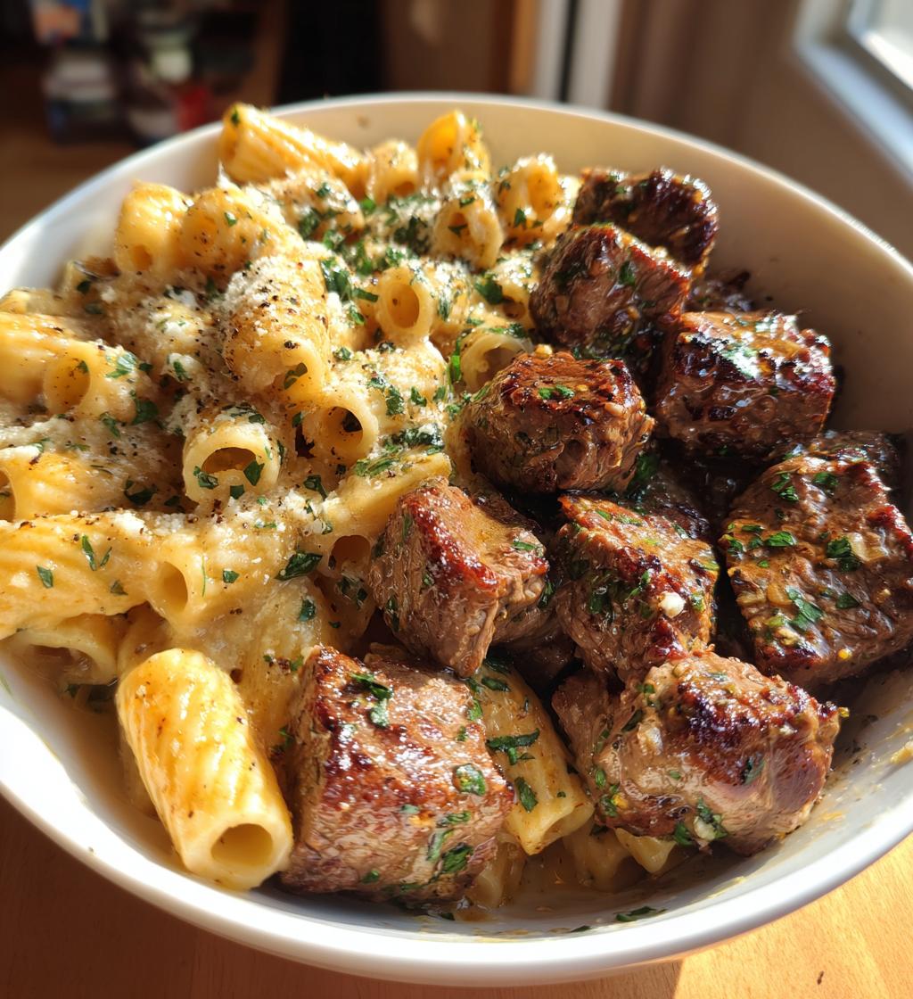 garlic butter steak tips with cheesy rigatoni - detail 1