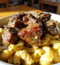 garlic butter steak tips with cheesy rigatoni