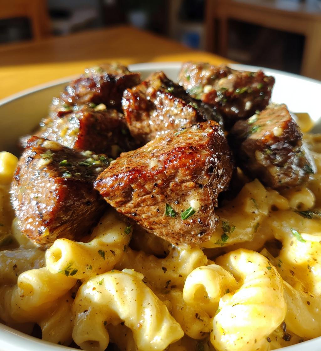 garlic butter steak tips with cheesy rigatoni