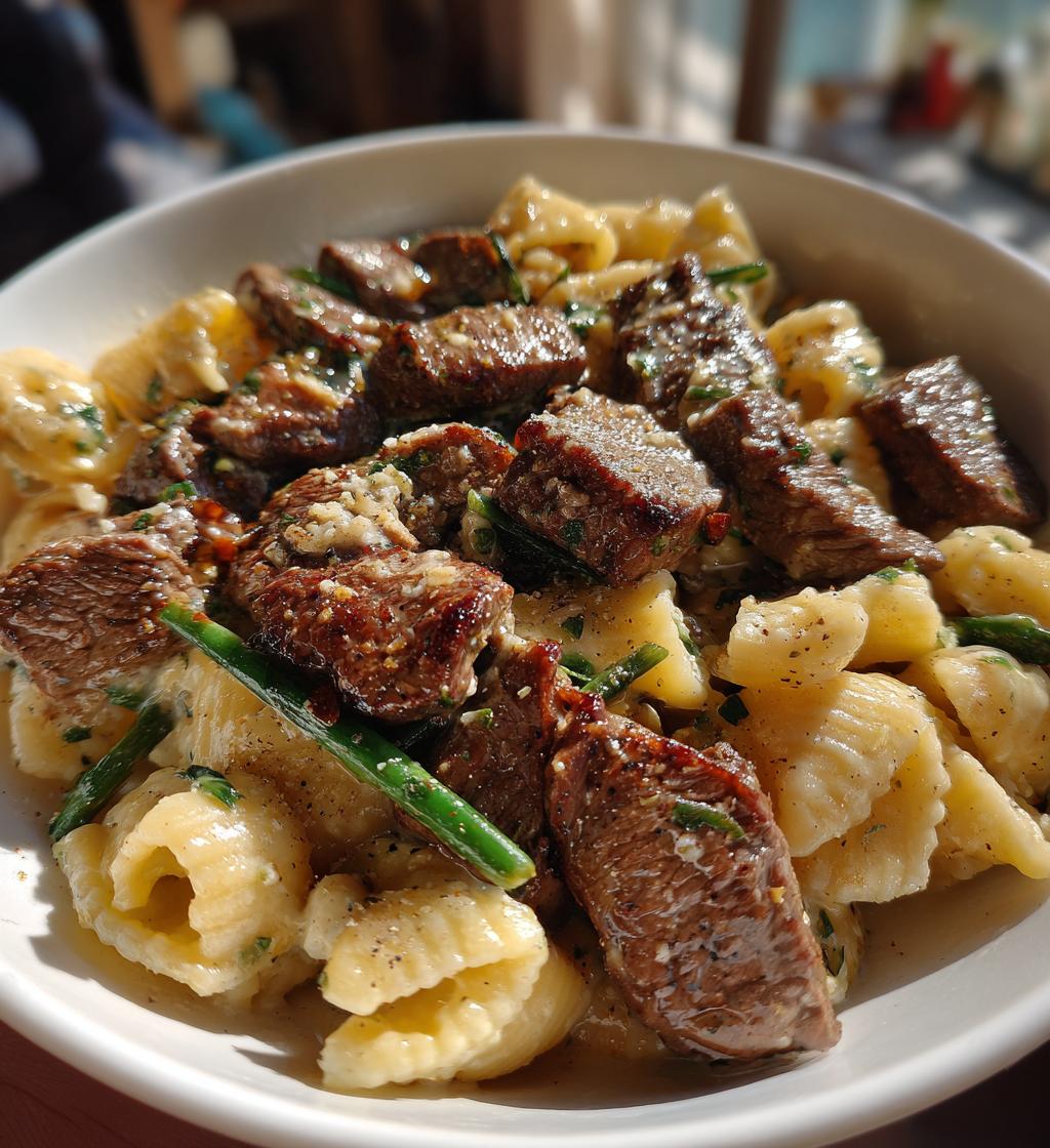 garlic butter steak tips with cheesy rigatoni
