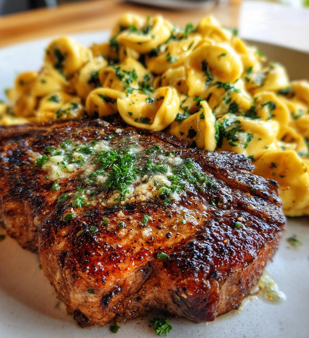 garlic butter steak with cheesy alfredo tortellini - detail 1
