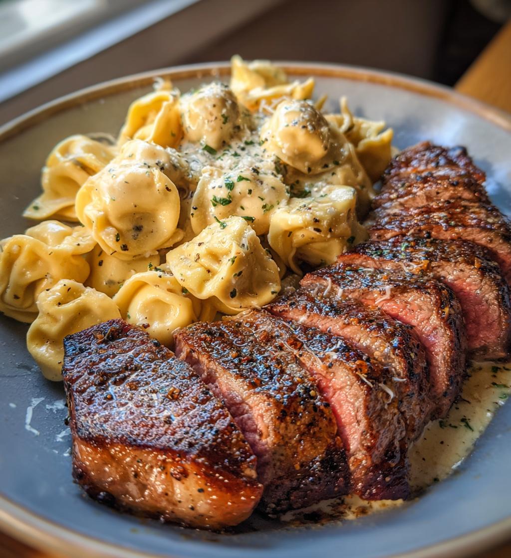 garlic butter steak with cheesy alfredo tortellini - detail 1