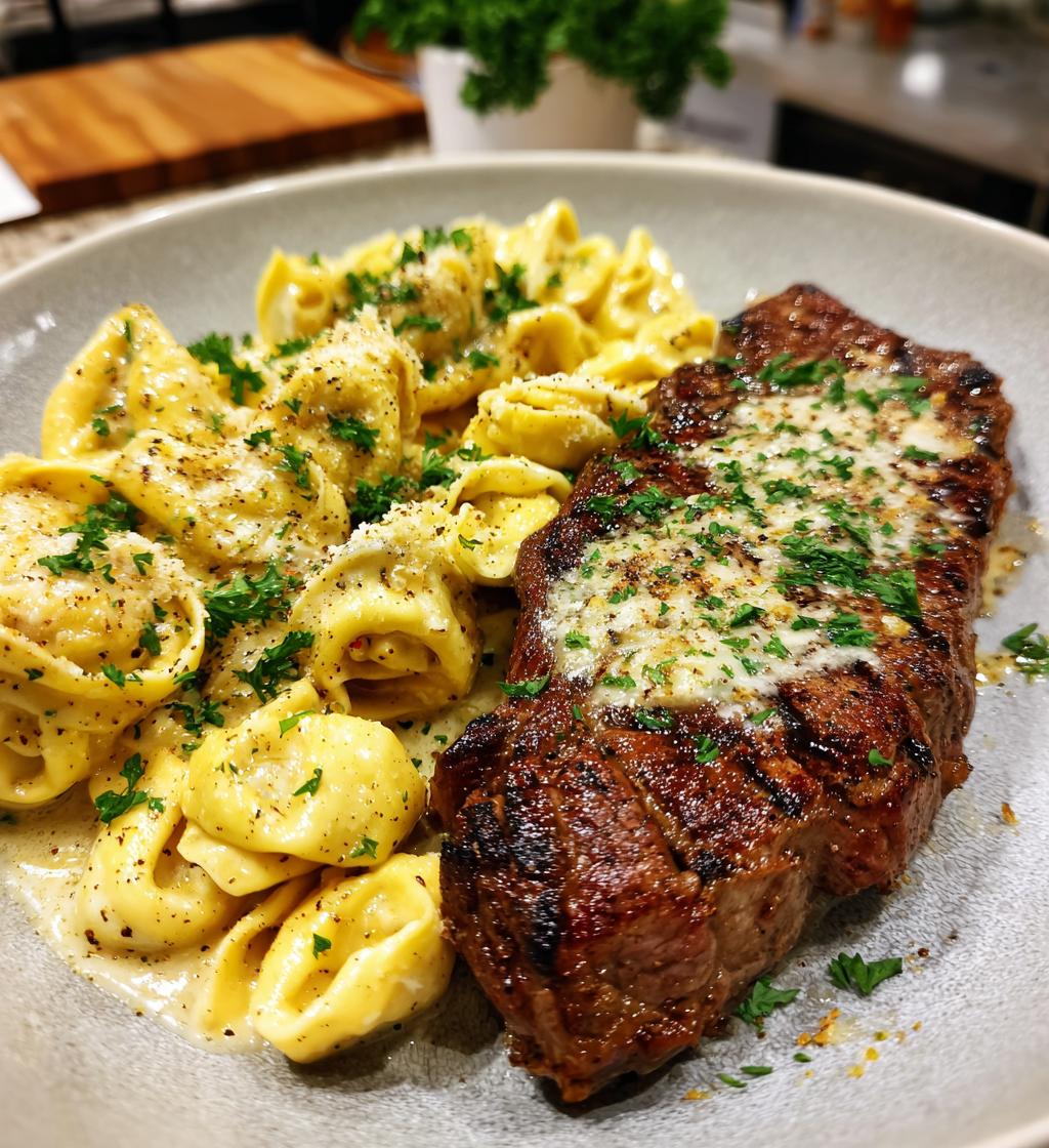 garlic butter steak with cheesy alfredo tortellini