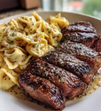 garlic butter steak with cheesy alfredo tortellini
