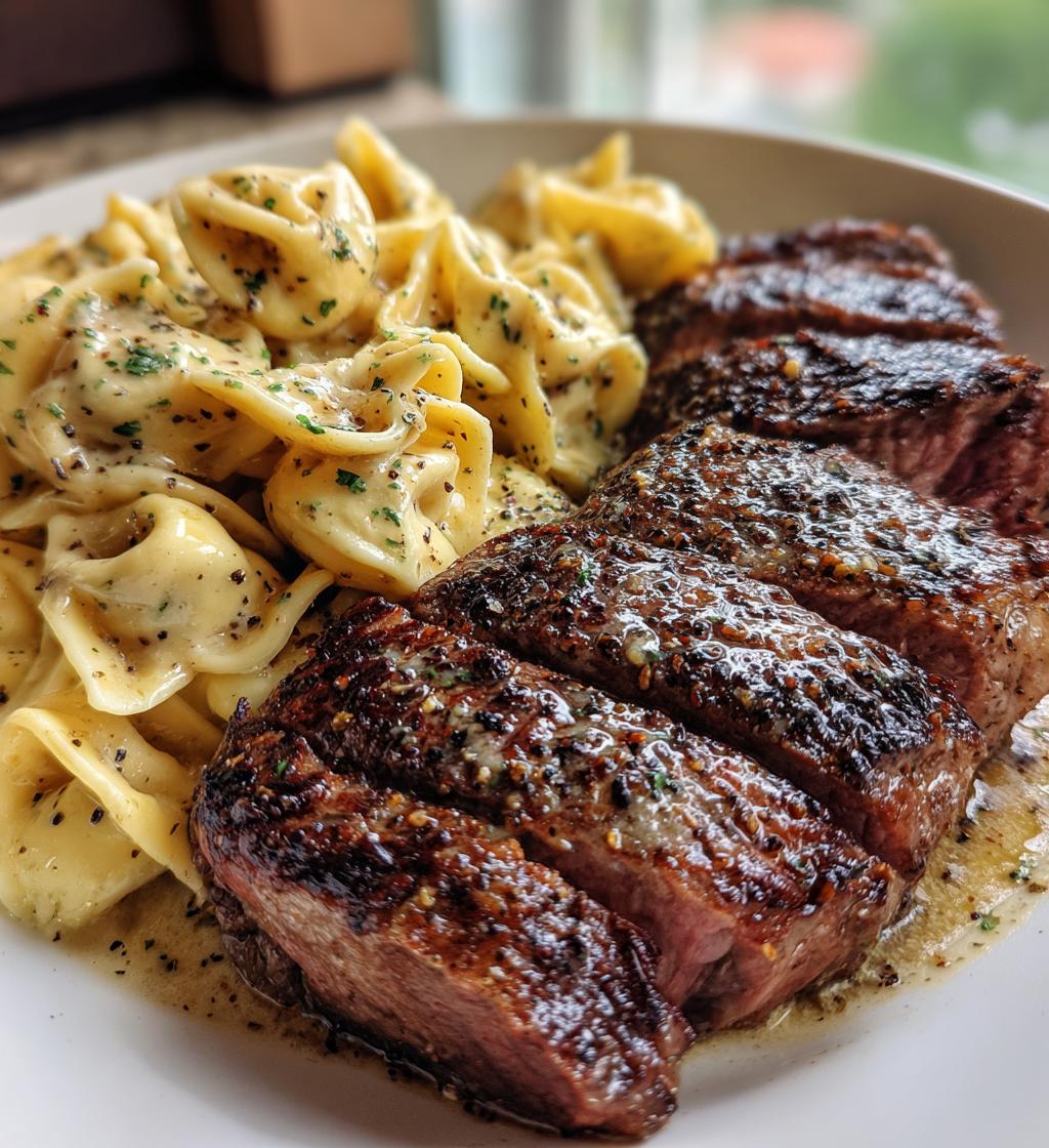 garlic butter steak with cheesy alfredo tortellini